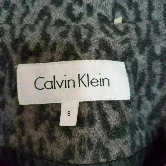 Size 8 Calvin Klein Gray Leopard Cheetah Print Button Wool Wrap Coat With Belt - Picture 3 of 6